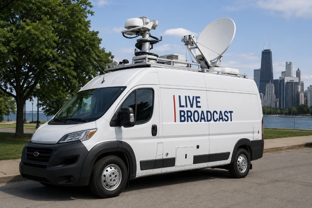 Live broadcast van with satellite uplink — the kind of field production CONNECTOR keeps online with multi-WAN bonding